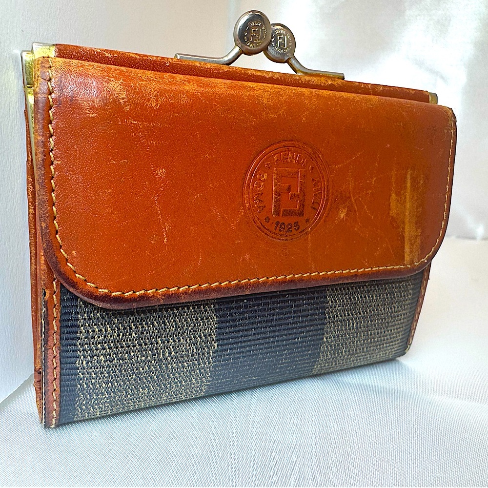 Fendi Wallet Pequin Stripe Trifold Cuoio Brown Leather Kiss Lock Rare Vintage - Picture 9 of 9